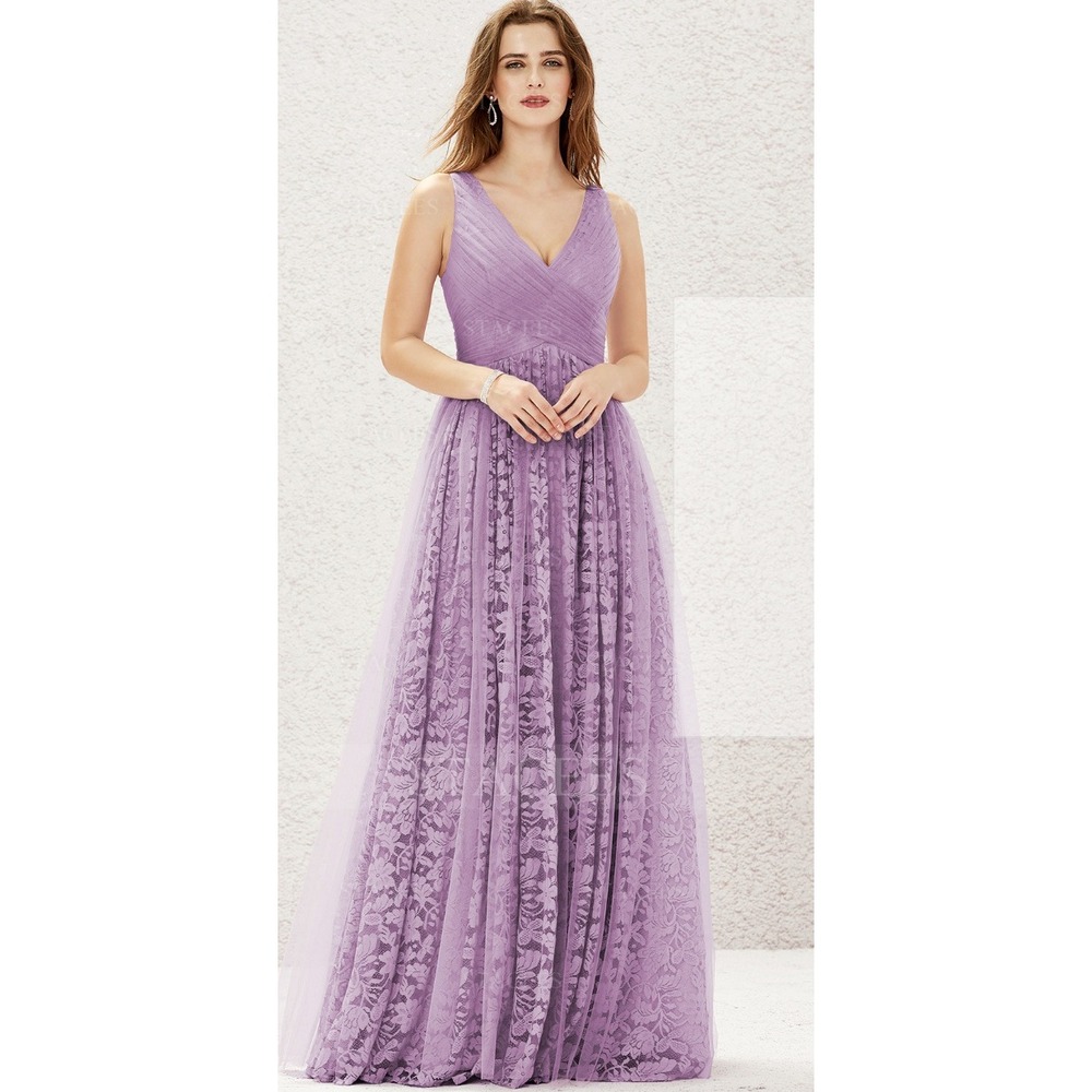 Stacees US 16 Wisteria Purple Floral Lace Tulle V-Neck A-Line Formal Gown Dress